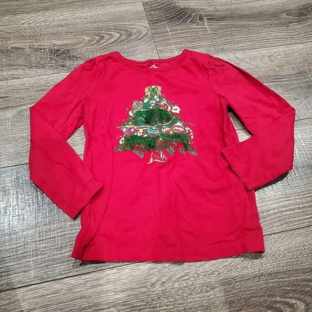 Girls Matching Outfit Set Size 4-5 Red Christmas Tree Top and Black Leggings Set